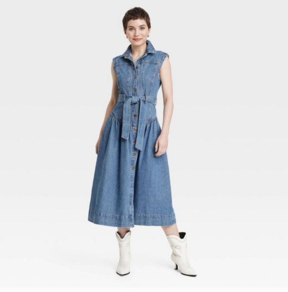 Universal ThreadSleeveless Denim Midi Dress with Belt Indigo 14